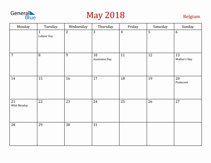 Belgium May 2018 Calendar - Monday Start