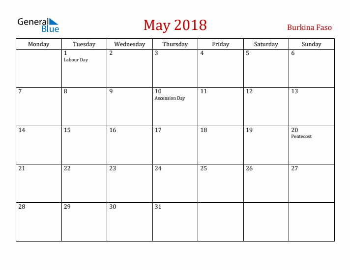 Burkina Faso May 2018 Calendar - Monday Start