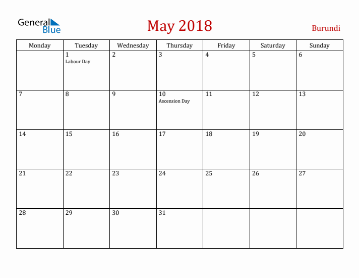 Burundi May 2018 Calendar - Monday Start