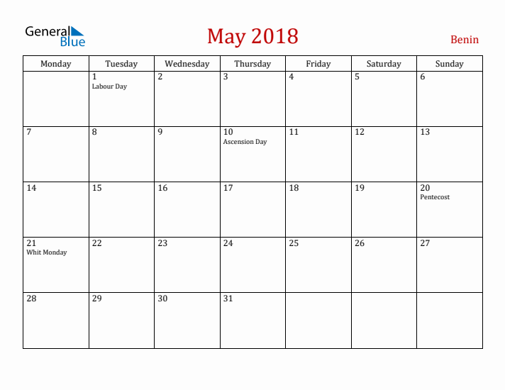 Benin May 2018 Calendar - Monday Start