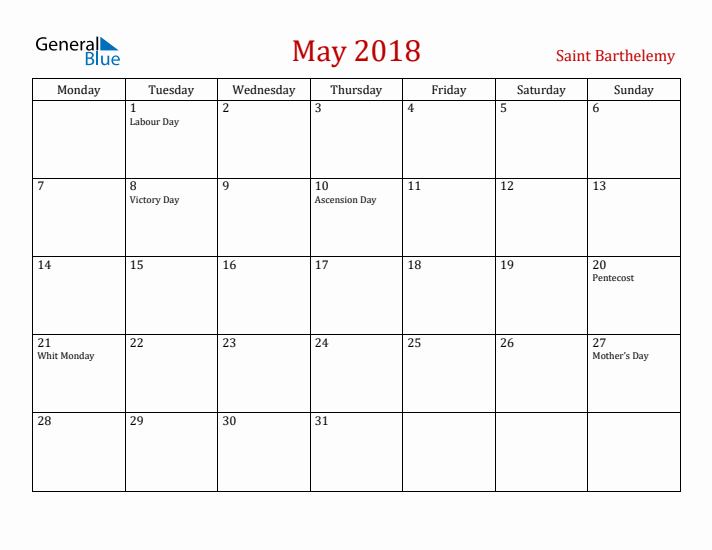 Saint Barthelemy May 2018 Calendar - Monday Start