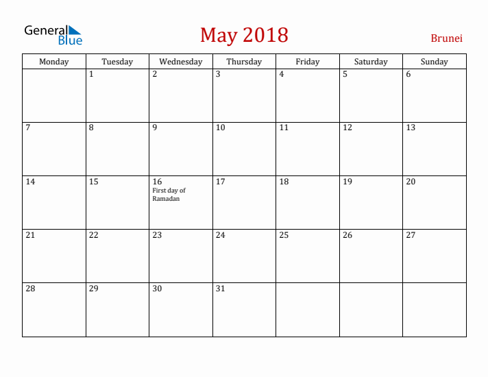 Brunei May 2018 Calendar - Monday Start
