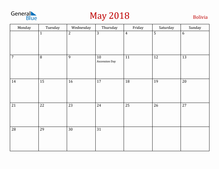 Bolivia May 2018 Calendar - Monday Start