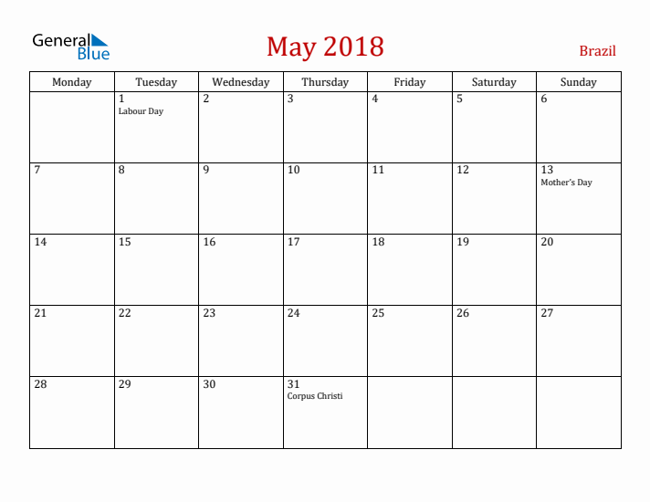 Brazil May 2018 Calendar - Monday Start