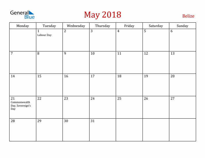 Belize May 2018 Calendar - Monday Start