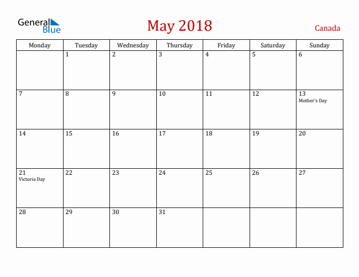 Canada May 2018 Calendar - Monday Start