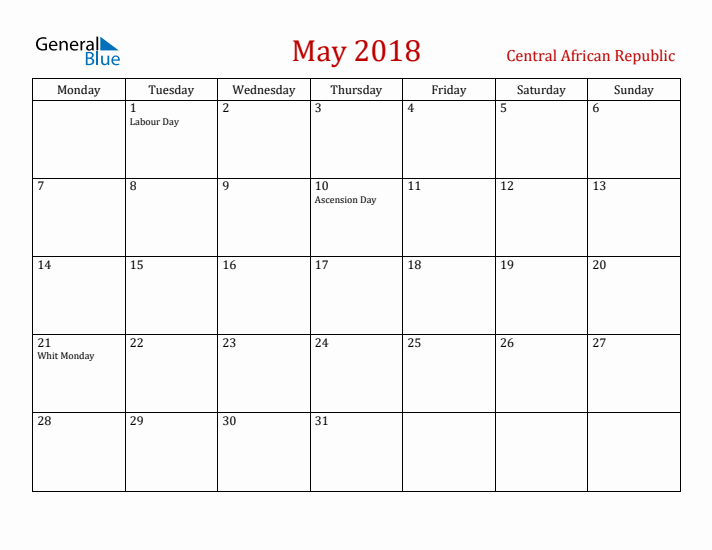 Central African Republic May 2018 Calendar - Monday Start