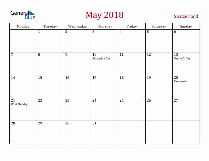 Switzerland May 2018 Calendar - Monday Start