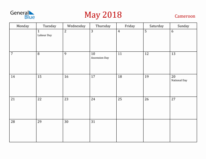 Cameroon May 2018 Calendar - Monday Start