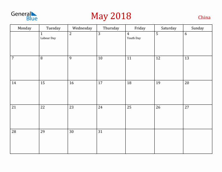 China May 2018 Calendar - Monday Start
