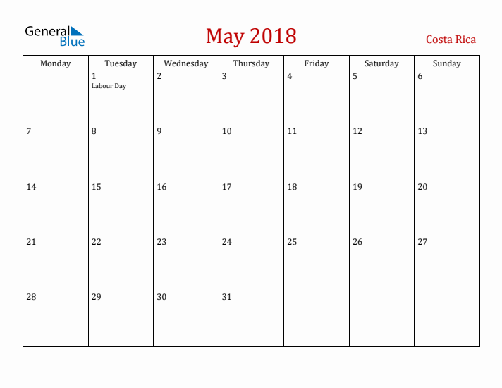 Costa Rica May 2018 Calendar - Monday Start