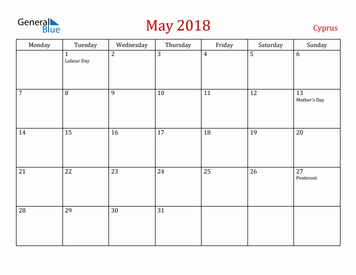 Cyprus May 2018 Calendar - Monday Start