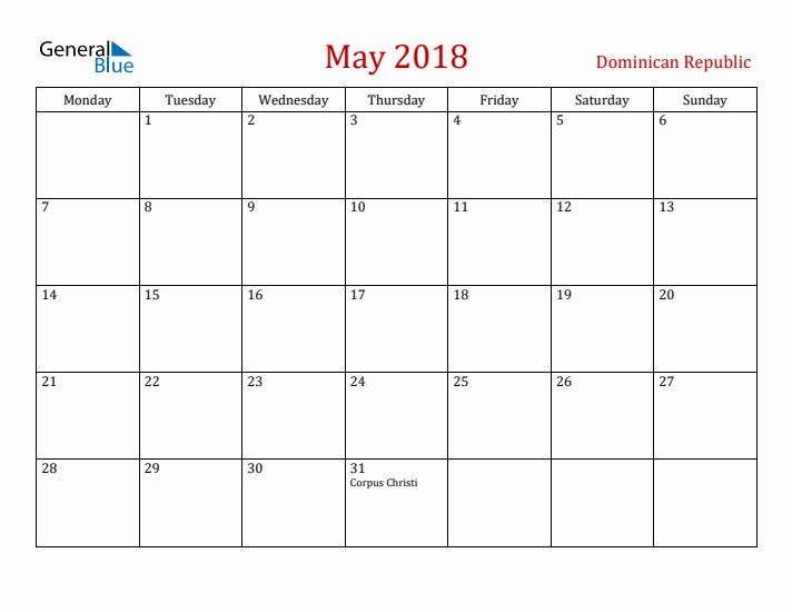 Dominican Republic May 2018 Calendar - Monday Start