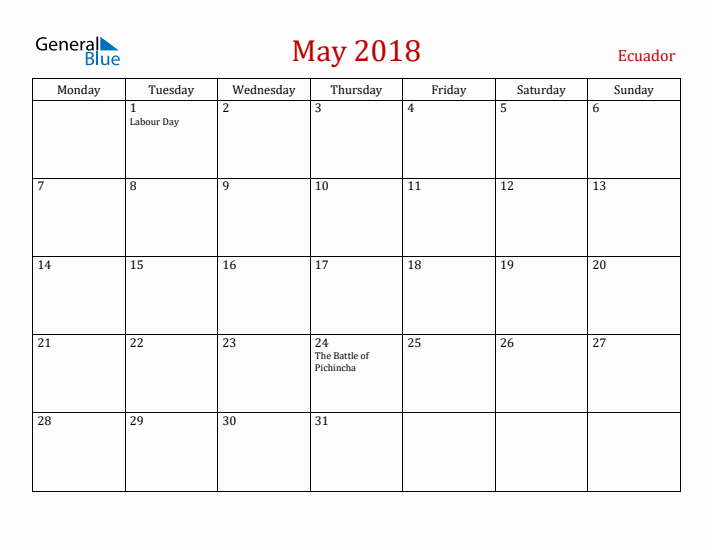 Ecuador May 2018 Calendar - Monday Start