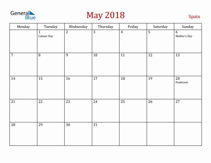 Spain May 2018 Calendar - Monday Start