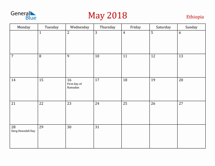 Ethiopia May 2018 Calendar - Monday Start