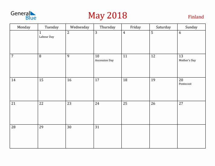 Finland May 2018 Calendar - Monday Start
