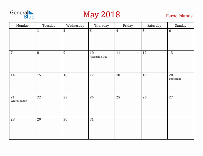Faroe Islands May 2018 Calendar - Monday Start