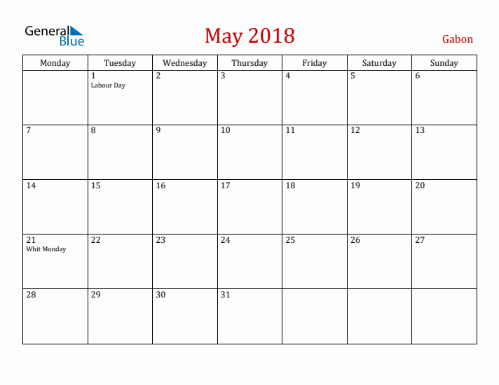 Gabon May 2018 Calendar - Monday Start