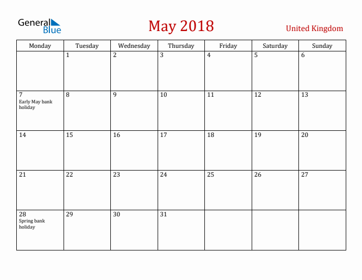 United Kingdom May 2018 Calendar - Monday Start
