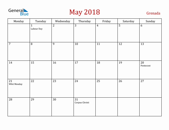 Grenada May 2018 Calendar - Monday Start