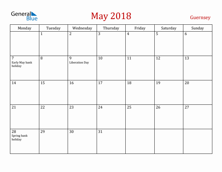 Guernsey May 2018 Calendar - Monday Start