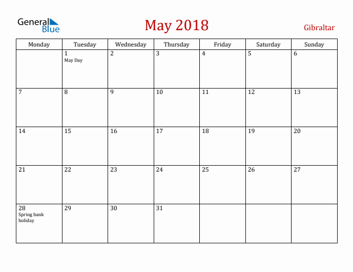 Gibraltar May 2018 Calendar - Monday Start