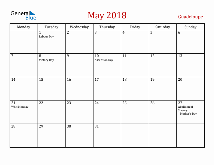 Guadeloupe May 2018 Calendar - Monday Start