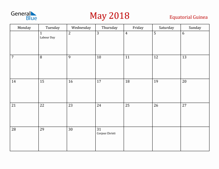 Equatorial Guinea May 2018 Calendar - Monday Start