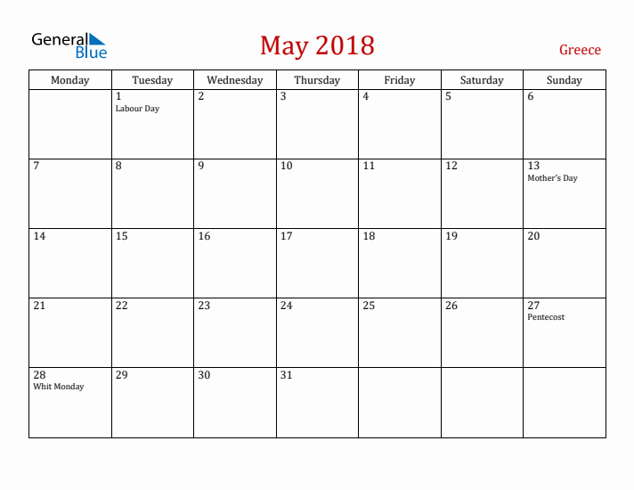 Greece May 2018 Calendar - Monday Start