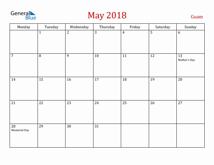 Guam May 2018 Calendar - Monday Start
