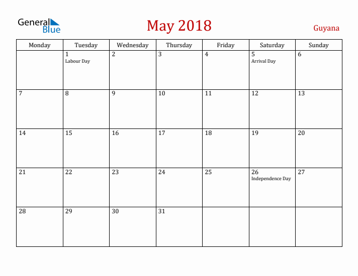 Guyana May 2018 Calendar - Monday Start