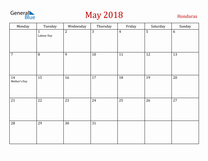 Honduras May 2018 Calendar - Monday Start