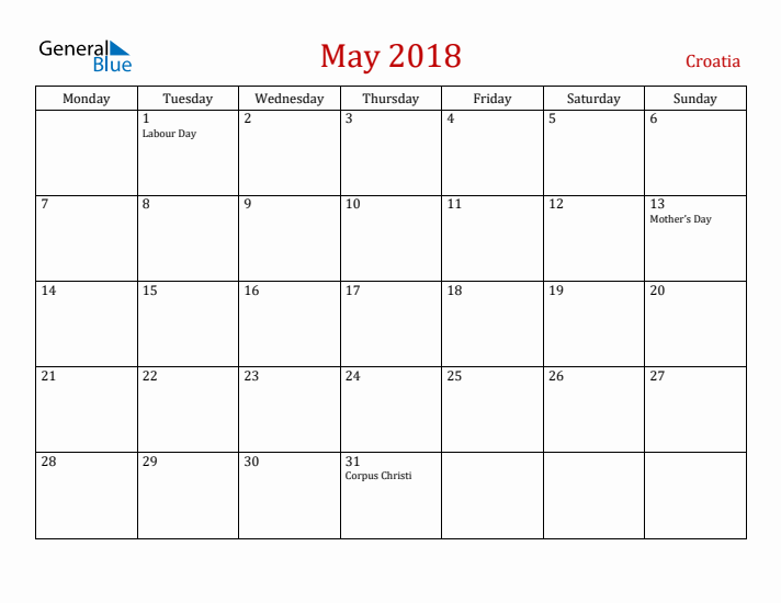 Croatia May 2018 Calendar - Monday Start
