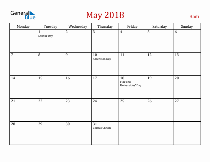 Haiti May 2018 Calendar - Monday Start