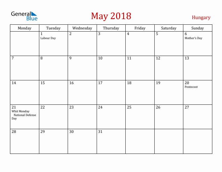 Hungary May 2018 Calendar - Monday Start
