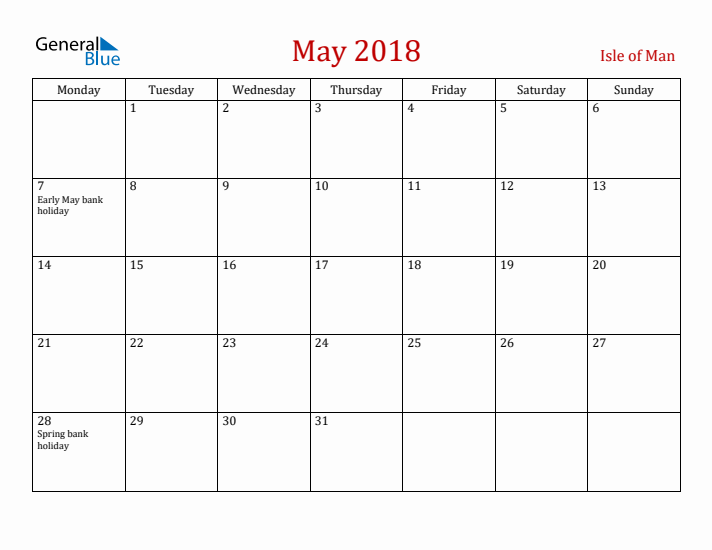 Isle of Man May 2018 Calendar - Monday Start