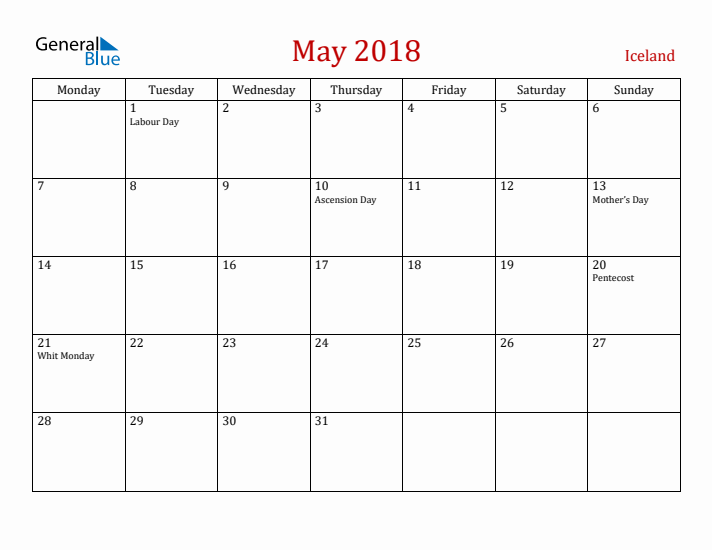 Iceland May 2018 Calendar - Monday Start