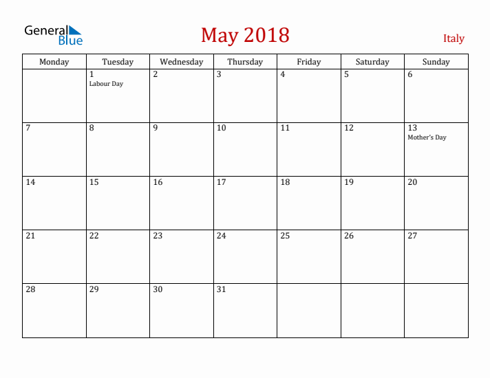 Italy May 2018 Calendar - Monday Start