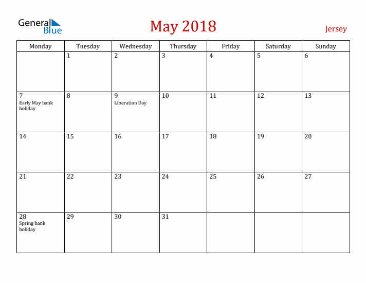 Jersey May 2018 Calendar - Monday Start