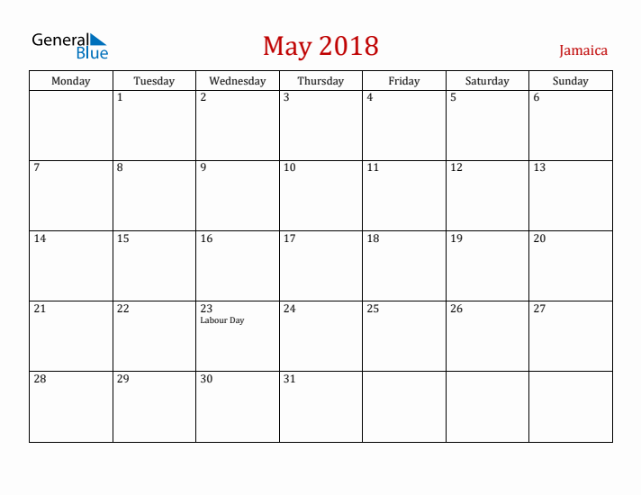 Jamaica May 2018 Calendar - Monday Start