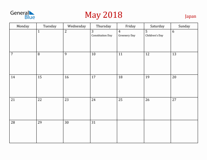 Japan May 2018 Calendar - Monday Start