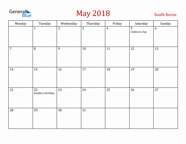 South Korea May 2018 Calendar - Monday Start