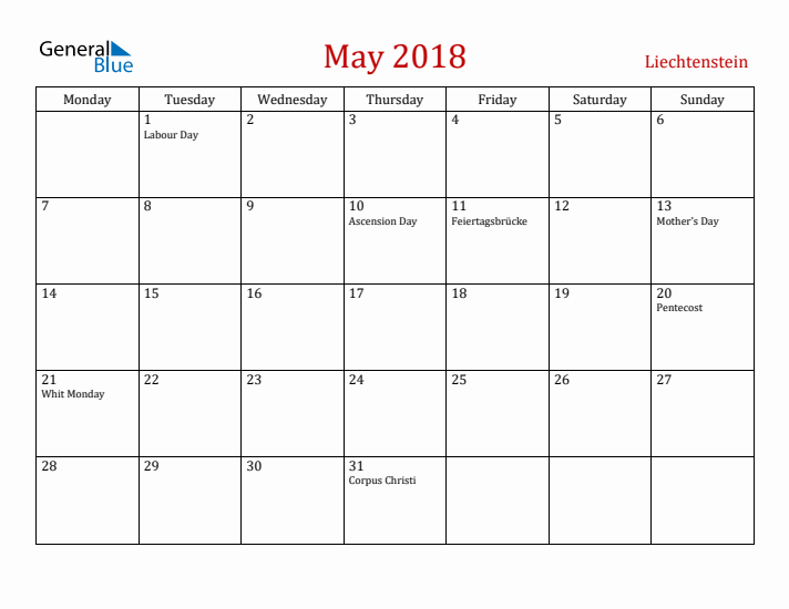 Liechtenstein May 2018 Calendar - Monday Start