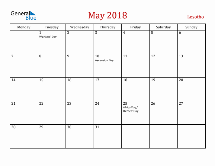 Lesotho May 2018 Calendar - Monday Start