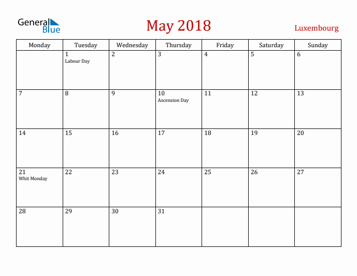 Luxembourg May 2018 Calendar - Monday Start