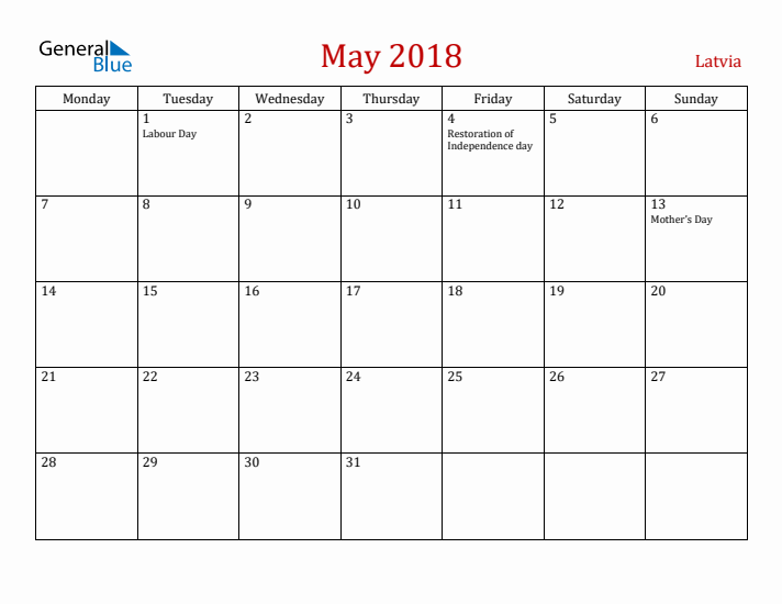 Latvia May 2018 Calendar - Monday Start