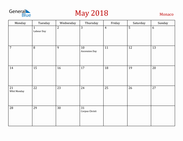 Monaco May 2018 Calendar - Monday Start