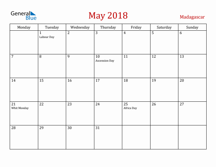 Madagascar May 2018 Calendar - Monday Start