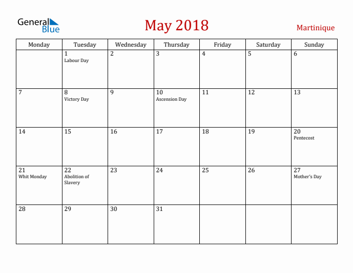Martinique May 2018 Calendar - Monday Start